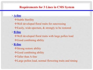 Requirements for 3 Lines in CMS System
A-line
Stable Sterility
Well developed floral traits for outcrossing
Easily, wide-spectum, & strongly to be restored
B-line
Well developed floral traits with large pollen load
Good combining ability
R-line
Strong restore ability
Good combining ability
Taller than A-line
Large pollen load, normal flowering traits and timing
 
