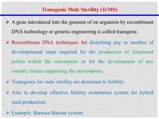  A gene introduced into the genome of on arganism by recombinant
DNA technology or genetic engineering is called transgene.
 Recombinant DNA techniques for disturbing any or number of
developmental steps required for the production of functional
pollen within the microspore or for the development of any
somatic tissues supporting the microspores.
 Transgenes for male sterility are dominant to fertility.
 Also to develop effective fertility restoration system for hybrid
seed production.
 Example: Barnase/Barstar system
Transgenic Male Sterility (TrMS)
 