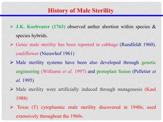 History of Male Sterility
 J.K. Koelreuter (1763) observed anther abortion within species &
species hybrids.
 Genic male sterility has been reported in cabbage (Rundfeldt 1960),
cauliflower (Nieuwhof 1961)
 Male sterility systems have been also developed through genetic
engineering (Williams et al. 1997) and protoplast fusion (Pelletier et
al. 1995)
 Male sterility were artificially induced through mutagenesis (Kaul
1988)
 Texas (T) cytoplasmic male sterility discovered in 1940s; used
extensively throughout the 1960s.
 