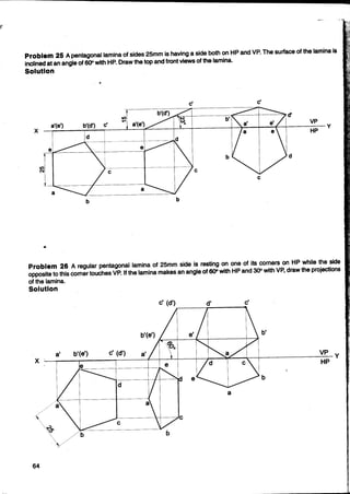 c' c'
U')
b'
a'(e') c'
.•..
a'(e') VP
X Y
HP
e
b d
U')
N
C
a a
b b
Problem 25 Apentagonal lamina of sides 25mm is having a side both on HP and VP. The surface of the lamina is
inclined at an angle of 600 With HP. Draw the top and front views of the lamina.
Solution
Problem 26 A regular pentagonal lamina of 25mm side is resting on one of its corners on HP while the side
opposite to this corner touches VP. If the lamina makes an angle of 600 with HP and 300 with VP, draw the projections
of the lamina.
Solution
VP Y
HP
 