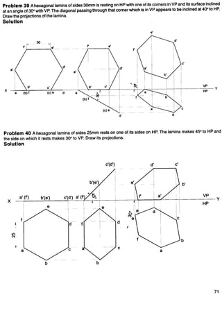 Problem 39 Ahexagonal lamina of sides 30mm is resting on HP with one of its corners in VP and its surface inclined
at an angle of 300 with VP. The diagonal passing through that corner which is in VP appears to be inclined at 400to HP.
Draw the projections of the lamina.
Solution
c'
s'
s'
b' VP
X Y
s d s HP
Problem 40 Ahexagonal lamina of sides 25mm rests on one of its sides on HP. The lamina makes 450
to HP and
the side on which it rests makes 300
to VP. Draw its projections.
Solution
b'
VP
X y
HP
f
LO
N
b
a a
b b
 