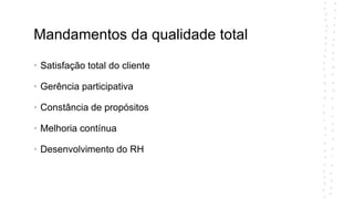 Mandamentos da qualidade total
• Satisfação total do cliente
• Gerência participativa
• Constância de propósitos
• Melhoria contínua
• Desenvolvimento do RH
 
