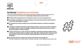 POTENCIAIS TENDÊNCIAS NA CATEGORIA
O Mercado de Restauração global tem uma previsão de crescimento acelerado até 2024, podendo alcançar uma
movimentação financeira de U$ 536 milhões. Os principais motivos para esse crescimento são:
Envelhecimento da população que por consequência remete a uma maior preocupação bucal
A substituição de Amálgama por resinas compostas em processos de preenchimento dental também se
torna um fator impulsionador de mercado.
O crescimento do mercado de estética como um todo também impulsiona o mercado de compósitos e
resinas.
A utilização de materiais Nano Híbridos e Micro Híbridos também se mostram como práticas e tendências
que chegaram para ficar, devido sua facilidade de aplicação e diminuição do tempo em que o paciente
precisa ficar sentado na cadeira do dentista.
A Europa continuará a ser o maior mercado de compósitos e preenchimentos dentais do planeta devido a
presença das principais empresas do segmento nessa região. Mas a região do pacífico na Asia será aquela
que apresentará a maior taxa de crescimento, devido principalmente a sua alta taxa de crescimento
demográfico.
As principais empresas da categoria que dominam esse mercado de forma global são:
3M ESPE, Dentsply Sirona, Coltene Holding, The Danaher Corporation, Denmat Holdings, Heraeus Kulzer GmbH
Fontes: Stratview Research 2018
APS
MERCADO
 