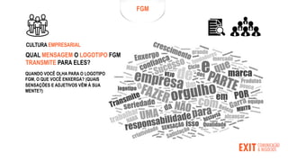 FGM
CULTURA EMPRESARIAL
QUAL MENSAGEM O LOGOTIPO FGM
TRANSMITE PARA ELES?
QUANDO VOCÊ OLHA PARA O LOGOTIPO
FGM, O QUE VOCÊ ENXERGA? (QUAIS
SENSAÇÕES E ADJETIVOS VÊM À SUA
MENTE?)
 
