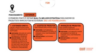 FGM
POSICIONAMENTO EXTERIOR
O PRIMEIRO PONTO É DEFINIR QUAL É A MELHOR ESTRATÉGIA PARA INSERIR OS
PRODUTOS E MARCAS FGM NO EXTERIOR. SÃO 3 AS POSSIBILIDADES:
1. A EXTENSÃO DIRETA:
LANÇAR O PRODUTOS EM OUTROS
PAÍSES DO JEITO QUE ELES SÃO, SEM
ADAPTAÇÕES.
VANTAGENS: REDUÇÃO DE CUSTOS
DEVIDO À PADRONIZAÇÃO DA
DISTRIBUIÇÃO E PROMOÇÃO
DESVANTAGENS: PODE SER
ENTENDIDO COMO FALTA DE
INTERESSE DA EMPRESA EM
CONHECER MELHOR A CULTURA
DE CADA PAÍS E ADAPTAR SEUS
PRODUTOS PARA SATISFAZER
DIFERENTES CONSUMIDORES.
2. AJUSTES DE PRODUTOS:
PARA ATENDER EXPECTATIVAS LOCAIS.
VANTAGENS: CUSTUMIZAÇÃO E
MAIOR ENTENDIMENTO DO PERFIL DE
CONSUMO LOCAL COM PROMOÇÕES
ASSERTIVAS.
DESVANTAGENS: CUSTOS MAIS
ELEVADOS.
3. INVENÇÃO DE PRODUTOS:
PARA ATENDER EXIGÊNCIAS
ESPECÍFICAS DE MERCADOS LOCAIS.
VANTAGENS: CUSTUMIZAÇÃO E MAIOR
ENTENDIMENTO DO PERFIL DE
CONSUMO LOCAL COM PROMOÇÕES
ASSERTIVAS.
DESVANTAGENS: CUSTOS MAIS
ELEVADOS.
 