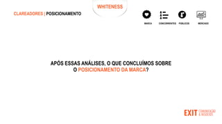 WHITENESS
CONCORRENTES PÚBLICOS MERCADO
MARCA
CLAREADORES | POSICIONAMENTO
APÓS ESSAS ANÁLISES, O QUE CONCLUÍMOS SOBRE
O POSICIONAMENTO DA MARCA?
 