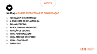 MARCA | ALGUMAS ESTRATÉGIAS DE COMUNICAÇÃO
1. TECNOLOGIA ÚNICA NO MUNDO
2. A REVOLUÇÃO DA IMPLANTOLOGIA
3. FAÇA VOCÊ MESMO
4. MENOR TEMPO DE TRATAMENTO
5. REDUÇÃO DE ESTOQUE
6. VIVA A PERSONALIZAÇÃO
7. VIVA A REDUÇÃO DE ESTOQUE
8. VIVA A LONGEVIDADE
9. SIMPLIFIQUE
ARCSYS
 