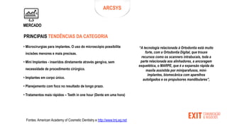 PRINCIPAIS TENDÊNCIAS DA CATEGORIA
• Microcirurgias para implantes. O uso do microscópio possibilita
incisões menores e mais precisas.
• Mini Implantes - inseridos diretamente através gengiva, sem
necessidade de procedimento cirúrgico.
• Implantes em corpo único.
• Planejamento com foco no resultado de longo prazo.
• Tratamentos mais rápidos – Teeth in one hour (Dente em uma hora)
Fontes: American Academy of Cosmetic Dentistry e http://www.tmj.eg.net
“A tecnologia relacionada à Ortodontia está muito
forte, com a Ortodontia Digital, que trouxe
recursos como os scanners intrabucais, toda a
parte relacionada aos alinhadores, a ancoragem
esquelética, o MARPE, que é a expansão rápida da
maxila assistida por miniparafusos, mini-
implantes, biomecânica com aparelhos
autoligados e os propulsores mandibulares”,
ARCSYS
MERCADO
 