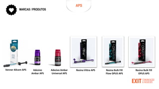APS
MARCAS / PRODUTOS
Adesivo
Ambar APS
Resina Vittra APS
Adesivo Ambar
Universal APS
Venner Allcem APS Resina Bulk Fill
OPUS APS
Resina Bulk Fill
Flow OPUS APS
 