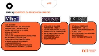 MARCA | BENEFÍCIOS DA TECNOLOGIA / MARCAS
• FÁCIL MANUSEIO
• APARÊNCIA NATURAL DOS RESULTADOS
• PREVISIBILIDADE – NÃO MUDA A COR
• SISTEMA SIMPLIFICADO DE 16 CORES
• SERINGA INTELIGENTE
• LIVRE DE BPA
• ATIVADA POR TODOS OS FOTOPOLIMERIZADORES
• MAIOR TEMPO DE TRABALHO (4x+)
• COM SILICATO DE ZIRCONIA ESFEROIDAL
• ALTA PERFORMANCE DE POLIMENTO
• LONGEVIDADE DO BRILHO
• EXCELENTE VISCOSIDADE PARA MANUSEIO
• ALTO DESEMPENHO MECÂNICO E ESTÉTICA
APS
• APLICAÇÃO EM GRANDES
INCREMENTOS – ATÉ 5mm
• GRANDE PROFUNDIDADE DE CURA
• BAIXA TENSÃO DE POLIMERIZAÇÃO
• MAIOR TEMPO DE RETRABALHO
• ELEVADA RESISTÊNCIA À
COMPRESSÃO E FLEXÃO
• MAIOR OPACIDADE
• APLICAÇÃO EM GRANDES
INCREMENTOS – ATÉ 4mm
• GRANDE PROFUNDIDADE DE CURA
• FLUIDEZ IDEAL
• EFEITO REOLÓGICO AUTONIVELANTE
E ANTIGRAVIDADE
• MAIOR TEMPO DE RETRABALHO
 