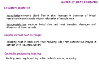 MODES OF HEAT EXCHANGE
Circulatory adaptation
Vasodilation:elevated blood flow in skin, increase in diameter of blood
vessels and nerve signals trigger relaxation of muscle walls
Vasoconstriction: reduces blood flow and heat transfer, decrease and
diameter of blood vessels
Counter current heat exchanger
Trapping heat in body core thus reducing loss from extremities (maybe in
contact with ice, snow, water)
Cooling by evaporative heat loss
Panting, sweating, breathing, saliva on body, mucus, swimming
 