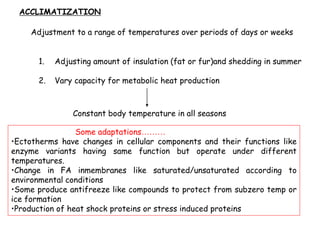 ACCLIMATIZATION
Adjustment to a range of temperatures over periods of days or weeks
1. Adjusting amount of insulation (fat or fur)and shedding in summer
2. Vary capacity for metabolic heat production
Constant body temperature in all seasons
Some adaptations………
•Ectotherms have changes in cellular components and their functions like
enzyme variants having same function but operate under different
temperatures.
•Change in FA inmembranes like saturated/unsaturated according to
environmental conditions
•Some produce antifreeze like compounds to protect from subzero temp or
ice formation
•Production of heat shock proteins or stress induced proteins
 