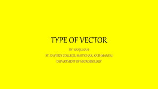 TYPE OF VECTOR
BY- SANJU SAH
ST. XAVIER’S COLLEGE, MAITIGHAR, KATHMANDU
DEPARTMENT OF MICROBIOLOGY
 