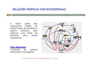 RELAÇÕES TRÓFICAS NOS ECOSSISTEMAS
A maior parte dos
organismos dispõe de
várias fontes de alimento e
podem constituir eles
próprios uma fonte de
18
próprios uma fonte de
alimento para vários
organismos.
Teia alimentar
Conjunto de cadeias
alimentares interligadas.
Cláudia Barros Moreira - Biologia e Geologia - 10.º Ano
 