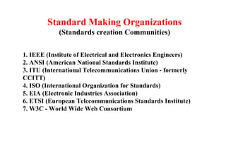 Standard Making Organizations
(Standards creation Communities)
1. IEEE (Institute of Electrical and Electronics Engineers)
2. ANSI (American National Standards Institute)
3. ITU (International Telecommunications Union - formerly
CCITT)
4. ISO (International Organization for Standards)
5. EIA (Electronic Industries Association)
6. ETSI (European Telecommunications Standards Institute)
7. W3C - World Wide Web Consortium
 