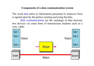 Components of a data communication system
The word data refers to information presented in whatever form
is agreed upon by the parties creating and using the data.
Data communications are the exchange of data between
two devices via some form of transmission medium such as a
wire cable.
 