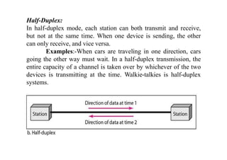 Half-Duplex:
In half-duplex mode, each station can both transmit and receive,
but not at the same time. When one device is sending, the other
can only receive, and vice versa.
Examples:-When cars are traveling in one direction, cars
going the other way must wait. In a half-duplex transmission, the
entire capacity of a channel is taken over by whichever of the two
devices is transmitting at the time. Walkie-talkies is half-duplex
systems.
 
