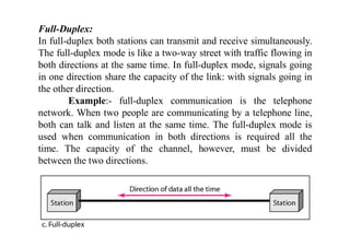 Full-Duplex:
In full-duplex both stations can transmit and receive simultaneously.
The full-duplex mode is like a two-way street with traffic flowing in
both directions at the same time. In full-duplex mode, signals going
in one direction share the capacity of the link: with signals going in
the other direction.
Example:- full-duplex communication is the telephone
network. When two people are communicating by a telephone line,
both can talk and listen at the same time. The full-duplex mode is
used when communication in both directions is required all the
time. The capacity of the channel, however, must be divided
between the two directions.
 