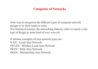 Categories of Networks
•One way to categorize the different types of computer network
designs is by their scope or scale.
•For historical reasons, the networking industry refers to nearly every
type of design as some kind of area network.
•Common examples of area network types are:
•LAN - Local Area Network
•WLAN - Wireless Local Area Network
•WAN - Wide Area Network
•MAN - Metropolitan Area Network
 