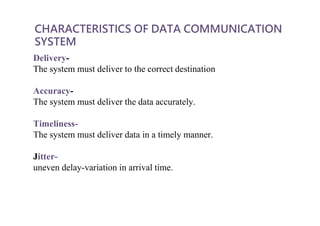 CHARACTERISTICS OF DATA COMMUNICATION
SYSTEM
Delivery-
The system must deliver to the correct destination
Accuracy-
The system must deliver the data accurately.
Timeliness-
The system must deliver data in a timely manner.
Jitter-
uneven delay-variation in arrival time.
 