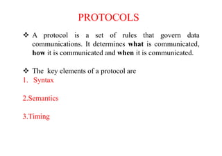 PROTOCOLS
 A protocol is a set of rules that govern data
communications. It determines what is communicated,
how it is communicated and when it is communicated.
 The key elements of a protocol are
1. Syntax
2.Semantics
3.Timing
 