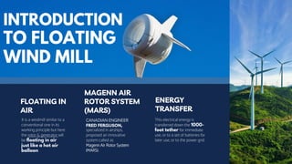This electrical energy is
transferred down the
for immediate
use, or to a set of batteries for
later use, or to the power grid.
It is a windmill similar to a
conventional one in its
working principle but here
the rotor & generator will
be
FLOATING IN
AIR
ENERGY
TRANSFER
MAGENN AIR
ROTOR SYSTEM
(MARS)
CANADIAN ENGINEER
FRED FERGUSON,
specialized in airships,
proposed an innovative
system called as
Magenn Air Rotor System
(MARS).
 