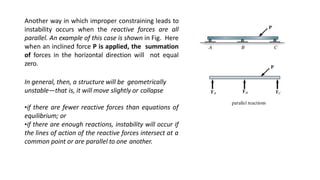 Another way in which improper constraining leads to
instability occurs when the reactive forces are all
parallel. An example of this case is shown in Fig. Here
when an inclined force P is applied, the summation
of forces in the horizontal direction will not equal
zero.
In general, then, a structure will be geometrically
unstable—that is, it will move slightly or collapse
•if there are fewer reactive forces than equations of
equilibrium; or
•if there are enough reactions, instability will occur if
the lines of action of the reactive forces intersect at a
common point or are parallel to one another.
 