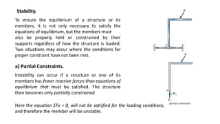 To ensure the equilibrium of a structure or its
members, it is not only necessary to satisfy the
equations of equilibrium, but the members must
also be properly held or constrained by their
supports regardless of how the structure is loaded.
Two situations may occur where the conditions for
proper constraint have not been met.
Stability.
a) Partial Constraints.
Instability can occur if a structure or one of its
members has fewer reactive forces than equations of
equilibrium that must be satisfied. The structure
then becomes only partially constrained.
Here the equation ΣFx = 0, will not be satisfied for the loading conditions,
and therefore the member will be unstable.
 