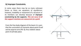 b) Improper Constraints.
In some cases there may be as many unknown
forces as there are equations of equilibrium;
however, instability or movement of a structure or
its members can develop because of improper
constraining by the supports. This can occur if all
the support reactions are concurrent at a point
From the free-body diagram of the beam it is seen
that the summation of moments about point O will
not be equal to zero (Pd 0); thus rotation about
point O will take place.
 