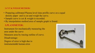 • Preparing calibrated Plasma level time profile curve on a equal
density paper and is cut and weigh the curve.
• Sample curve is cut & weight is recorded.
• By interpolation method area of sample graph is found.
Instrument for mechanically measuring the
area under the curve
Measures area by tracing outline of curve.
Disadvantage:
Degree of error is high due to
instrumental& human error.
2.CUT & WEIGH METHOD:
3.PLANIMETER:
 