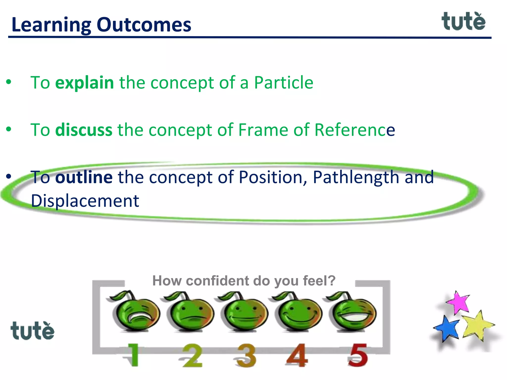 Learning Outcomes
• To explain the concept of a Particle
• To discuss the concept of Frame of Reference
• To outline the concept of Position, Pathlength and
Displacement
How confident do you feel?
 