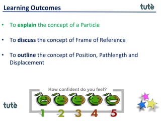 Learning Outcomes
• To explain the concept of a Particle
• To discuss the concept of Frame of Reference
• To outline the concept of Position, Pathlength and
Displacement
How confident do you feel?
 