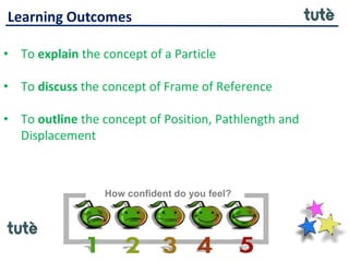 Learning Outcomes
• To explain the concept of a Particle
• To discuss the concept of Frame of Reference
• To outline the concept of Position, Pathlength and
Displacement
How confident do you feel?
 