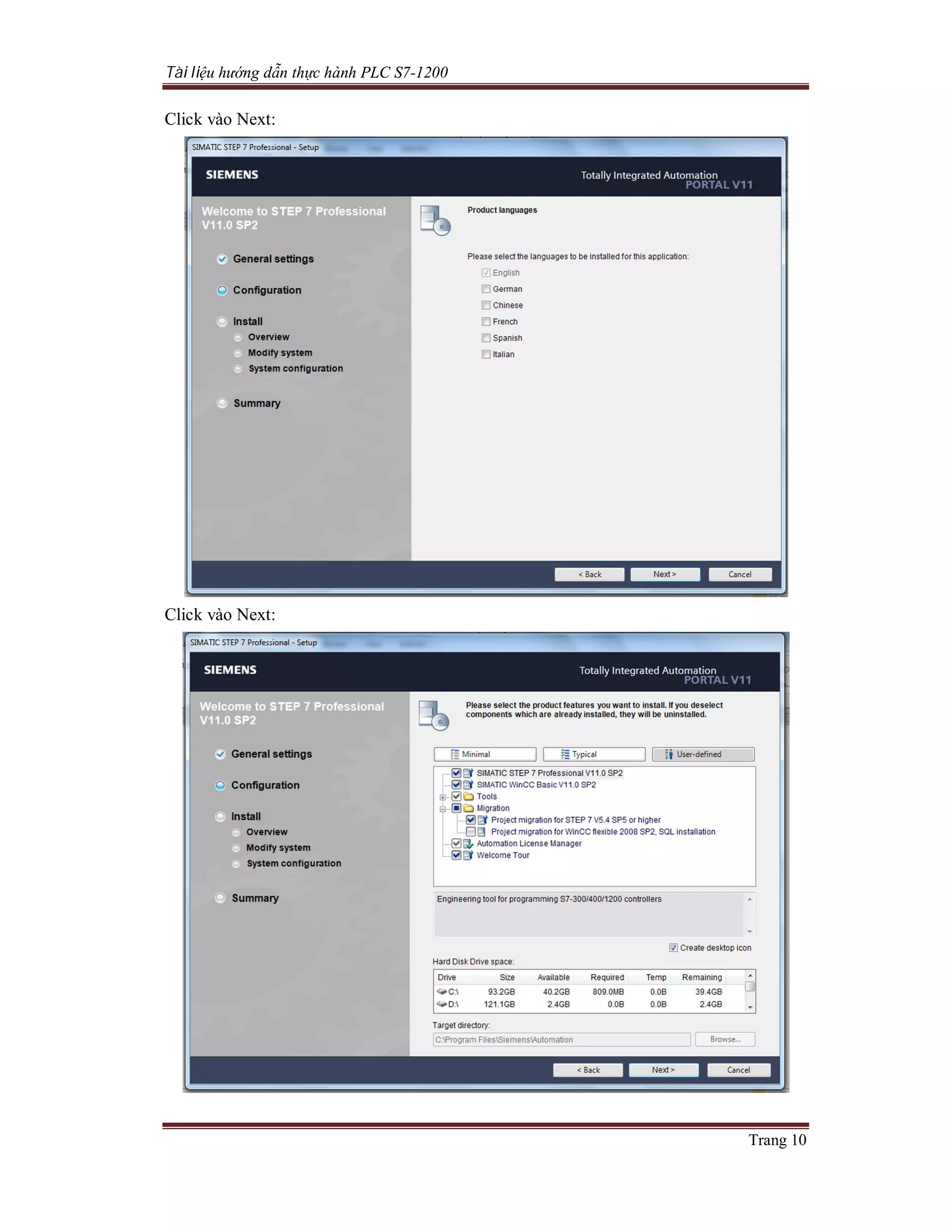 Tài liệu hướng dẫn thực hành PLC S7-1200
Trang 10
Click vào Next:
Click vào Next:
 