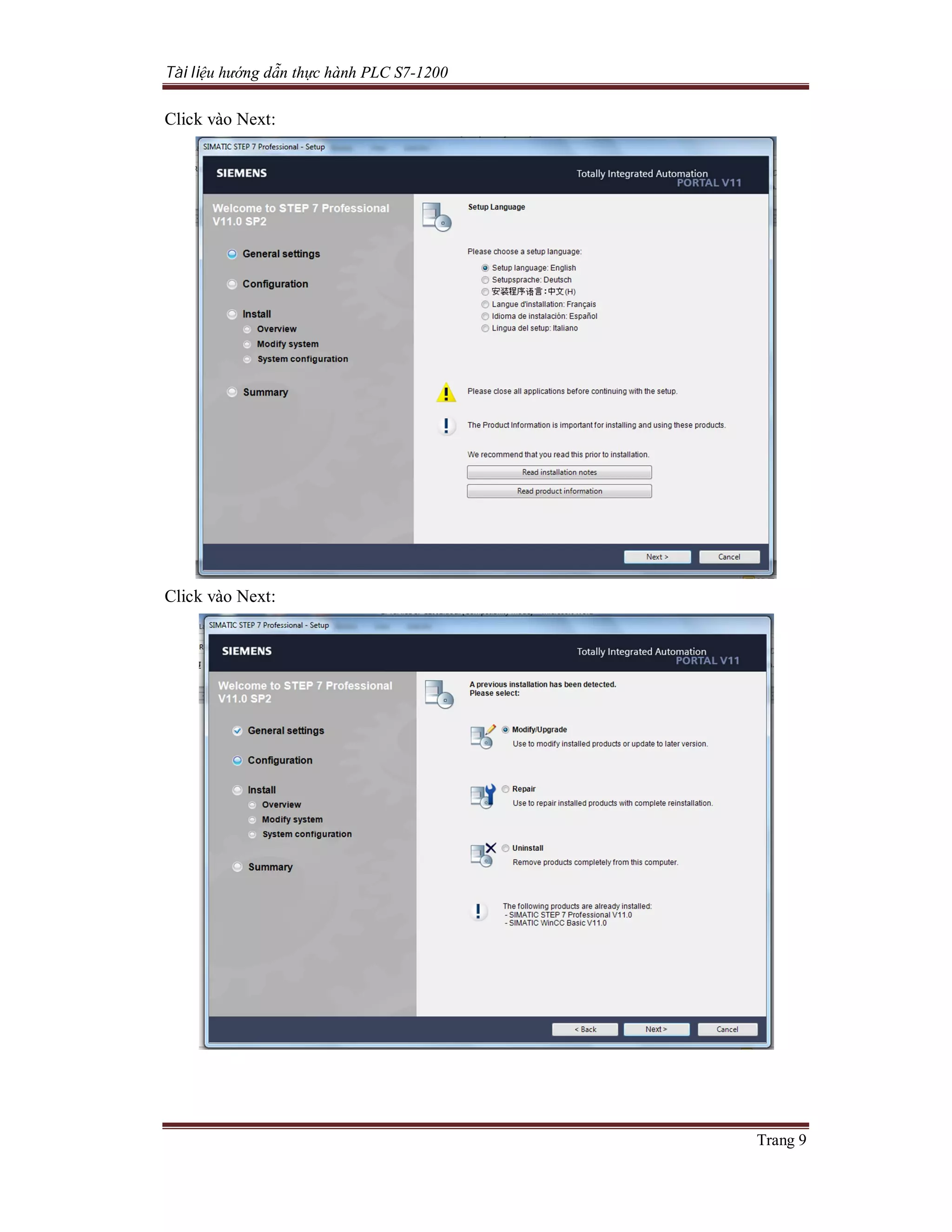 Tài liệu hướng dẫn thực hành PLC S7-1200
Trang 9
Click vào Next:
Click vào Next:
 