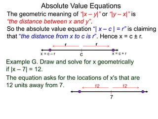 The geometric meaning of “|x – y|” or “|y – x|” is
“the distance between x and y”.
So the absolute value equation “| x – c | = r” is claiming
that “the distance from x to c is r”. Hence x = c ± r.
Absolute Value Equations
Example G. Draw and solve for x geometrically
if |x – 7| = 12.
The equation asks for the locations of x's that are
12 units away from 7.
c
r
x = c + r
7
12
12
r
x = c – r
 