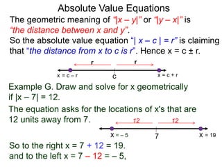 The geometric meaning of “|x – y|” or “|y – x|” is
“the distance between x and y”.
So the absolute value equation “| x – c | = r” is claiming
that “the distance from x to c is r”. Hence x = c ± r.
Absolute Value Equations
Example G. Draw and solve for x geometrically
if |x – 7| = 12.
The equation asks for the locations of x's that are
12 units away from 7.
c
r
x = c + r
So to the right x = 7 + 12 = 19.
and to the left x = 7 – 12 = – 5,
7
12
12
x = 19
x = – 5
r
x = c – r
 