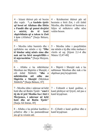 288
4 - Islami thërret për në besim
dhe vepër. “...e kushdo tjetër
që besoi në Allahun dhe Ditën
e Fundit dhe që punoi drejtësi
e mirësi, do të kenë
shpërblimin që u takon te Zoti
i tyre (Allahu).” [Surja Bekare,
62]
4 - Krishterimi thërret për në
besimin e birit Zot, i cili është
Mesihu, dhe thërret në besimin e
faljes së mëkateve edhe nëse
vetëm beson.
5 - Mesihu ishte bamirës dhe i
sjellshëm me nënën e tij: “Dhe
të bindur ndaj nënës sime dhe
nuk më ka bërë mospërfillës e
të mjerueshëm.” [Surja Merjem,
32]
5 - Mesihu ishte i pasjellshëm
me nënën e tij dhe ishte mohues i
vlerës së saj. [Gjoni 2;1-4 dhe
Mateu 12;47-48]
6 - Allahu e ka mbështetur
Mesihun me Shpirtin e Shenjtë, i
cili është Xhibrili: “dhe e
mbështetëm atë edhe me
Shpirtin e Shenjtë (Melekun
Xhibril).” [Surja Bekare, 87]
6 - Shpirti i Shenjtë nuk e ka
ndihmuar Mesihun dhe nuk e ka
shpëtuar prej kryqëzimit.
7 - Mesihu ishte i nderuar në këtë
botë dhe në Botën Tjetër: “emri i
tij do të jetë Mesihu Isa i biri i
Merjemes, i nderuar në këtë
botë dhe në Botën Tjetër”
[Surja Ali Imran, 45]
7 - Ushtarët e kanë goditur, e
kanë pështyer në fytyrë, më pas e
kanë kryqëzuar.
8 - Allahu e ka prishur kurthin e
çifutëve dhe i ka pamundësuar
ata që ta vrisnin atë.
8 - Çifutët e kanë goditur dhe e
kanë kryqëzuar.
 