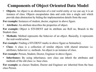 Components of Object Oriented Data Model
• Objects: An object is an abstraction of a real world entity or we can say it is an
instance of class. Objects encapsulates data and code into a single unit which
provide data abstraction by hiding the implementation details from the user.
For example: Instances of student, doctor, engineer in above figure.
• Attribute: An attribute describes the properties of object.
For example: Object is STUDENT and its attribute are Roll no, Branch in the
Student class.
• Methods: Method represents the behavior of an object. Basically, it represents
the real-world action.
For example: Finding a STUDENT marks in above figure as Setmarks().
• Class: A class is a collection of similar objects with shared structure i.e.
attributes, behavior i.e. methods. An object is an instance of class.
For example: Person, Student, Doctor, Engineer in above figure.
• Inheritance: By using inheritance, new class can inherit the attributes and
methods of the old class i.e. base class.
For example: as classes Student, Doctor and Engineer are inherited from the base
class Person.
 