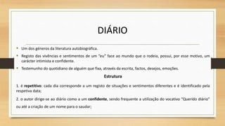 DIÁRIO
 Um dos géneros da literatura autobiográfica.
 Registo das vivências e sentimentos de um “eu” face ao mundo que o rodeia, possui, por esse motivo, um
carácter intimista e confidente.
 Testemunho do quotidiano de alguém que fixa, através da escrita, factos, desejos, emoções.
Estrutura
1. é repetitivo: cada dia corresponde a um registo de situações e sentimentos diferentes e é identificado pela
respetiva data;
2. o autor dirige-se ao diário como a um confidente, sendo frequente a utilização do vocativo “Querido diário”
ou até a criação de um nome para o saudar;
 