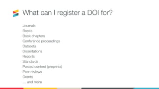 What can I register a DOI for?
Journals
Books
Book chapters
Conference proceedings
Datasets
Dissertations
Reports
Standards
Posted content (preprints)
Peer reviews
Grants
… and more
 