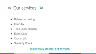Our services
● Reference Linking
● Cited-by
● The Funder Registry
● Event Data
● Crossmark
● Similarity Check
https://www.crossref.org/services/
 