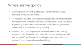 Where are we going?
● An integrated, efficient, sustainable, comprehensive, open,
scholarly infrastructure where…..
● All research activities and outputs, researchers, and organizations
have persistent identifiers and rich, standardized, open metadata
expressing a network of relationships available through human
and machine interfaces thereby enabling.....
● An open and broadly-governed research ecosystem making
research outputs easy to find, cite, link, assess, and reuse, which
will support Open Research, enabling researchers to focus on
research and advance human knowledge
 