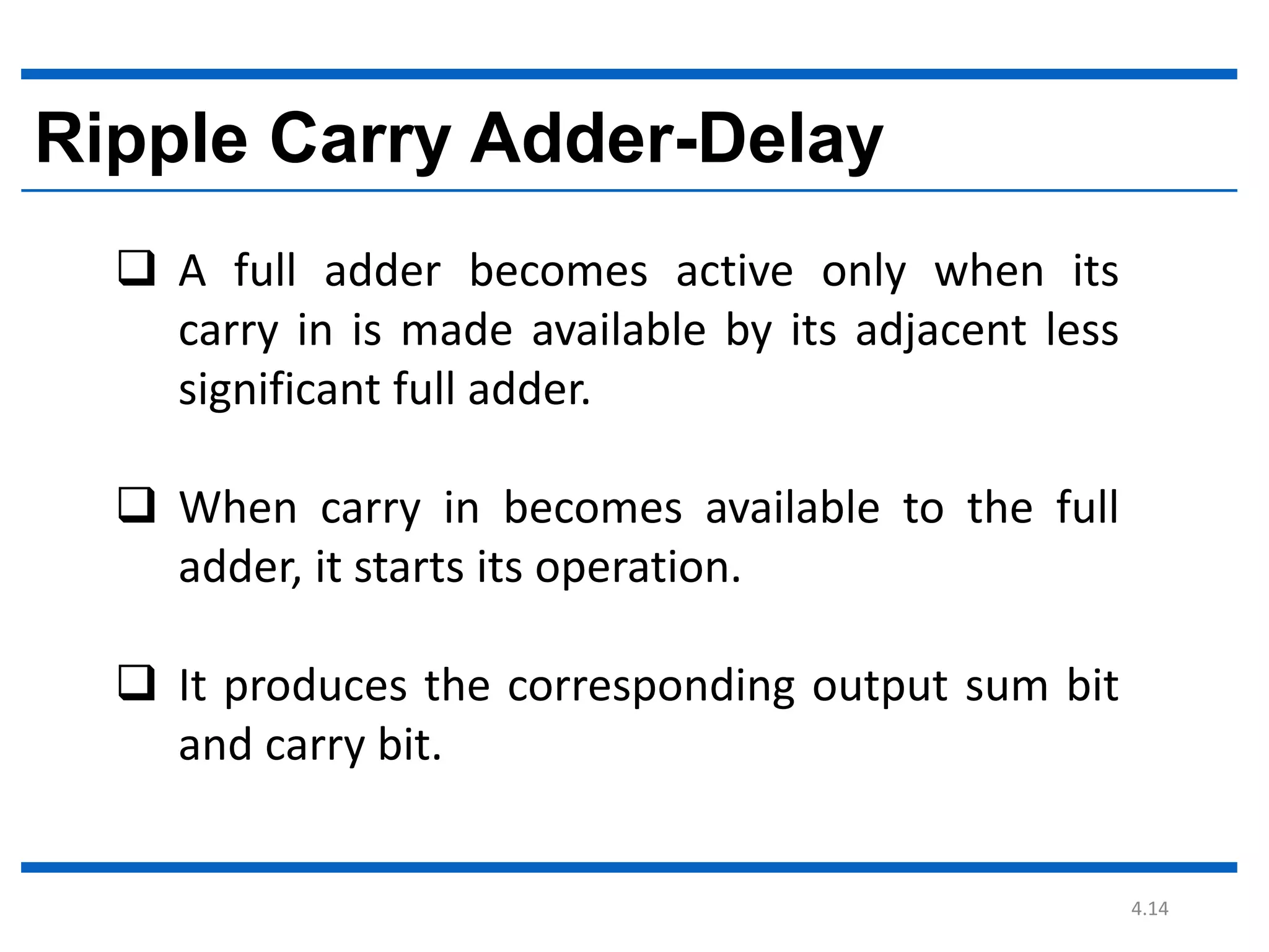 4.14
Ripple Carry Adder-Delay
A full adder becomes active only when its
carry in is made available by its adjacent less
significant full adder.
When carry in becomes available to the full
adder, it starts its operation.
It produces the corresponding output sum bit
and carry bit.