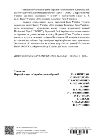 - визнання незаконним факту обрання та оголошення Железняка Я.І.
головою депутатської фракції Політичної Партії “ГОЛОС” у Верховній Раді
України дев’ятого скликання у зв’язку з порушенням вимог п. 4.
ст. 6. Закону України «Про комітети Верховної Ради України»;
- надання рекомендації Голові Верховної Ради України усунити
порушення вимог Закону України «Про комітети Верховної Ради України»
щодо неможливості сумісництва посад голови депутатської фракції
Політичної Партії “ГОЛОС” у Верховній Раді України дев’ятого скликання
та першого заступника голови комітету Верховної Ради України з питань
фінансів, податків та митної політики Железняком Я.І. шляхом оголошення
на пленарному засіданні Верховної ради України рішення щодо припинення
Железняком Я.І повноважень як голови депутатської фракції Політичної
Партії «ГОЛОС» у Верховній Раді України дев’ятого скликання.
Додаток: лист № 215д9/2-2021/228420 від 12.07.2021 – на арк 2. в 1 прим.
З повагою
Народні депутати України, члени Фракції Ю .КЛИМЕНКО
С. БОБРОВСЬКА
Г. ВАСИЛЬЧЕНКО
Р. ЛОЗИНСЬКИЙ
Н. ПІПА
Я. РУЩИШИН
О. СТЕФАНИШИНА
О. УСТІНОВА
В. ЦАБАЛЬ
А. ШАРАСЬКІН
Я. ЮРЧИШИН
ЄАС ВЕРХОВНОЇ РАДИ УКРАЇНИ
Підписувач:КЛИМЕНКО ЮЛІЯ ЛЕОНІДІВНА
Сертифікат: 2B6C7DF9A3891DA10400000064C30A00C201E601
Дійсний до: 24.12.2021 23:59:59
Апарат Верховної Ради України
№ 210д9/5-2021/235455 від 15.07.2021
 