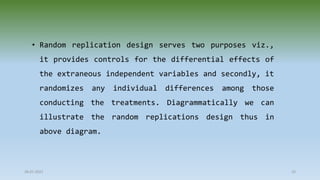 28-07-2021 33
• Random replication design serves two purposes viz.,
it provides controls for the differential effects of
the extraneous independent variables and secondly, it
randomizes any individual differences among those
conducting the treatments. Diagrammatically we can
illustrate the random replications design thus in
above diagram.
 