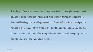 28-07-2021 50
• locking factors may be represented through rows and
columns (one through rows and the other through columns).
• The following is a diagrammatic form of such a design in
respect of, say, five types of fertilizers, viz., A, B, C,
D and E and the two blocking factor viz., the varying soil
fertility and the varying seeds:
 