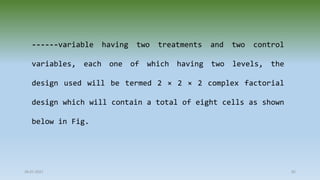 28-07-2021 85
------variable having two treatments and two control
variables, each one of which having two levels, the
design used will be termed 2 × 2 × 2 complex factorial
design which will contain a total of eight cells as shown
below in Fig.
 