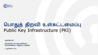 வழங்குபவர்
வெங்கடேஷ் ஜம்புலிங்கம்
மேகக்கணிமே பாதுகாப்பு நிபுணர்
11-ஜூமை-2021
வ ொதுத் திறெி உள்கட்ேமைப்பு
Public Key Infrastructure (PKI)
 