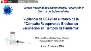 Med. Infectólogo Gladys Turpo Mamani
Vigilancia ESAVI- CDC-MINSA
Vigilancia de ESAVI en el marco de la
“Campaña Recuperando Brechas de
vacunación en Tiempos de Pandemia”
Centro Nacional de Epidemiología, Prevención y
Control de Enfermedades
Lima, 6 octubre 2020
 